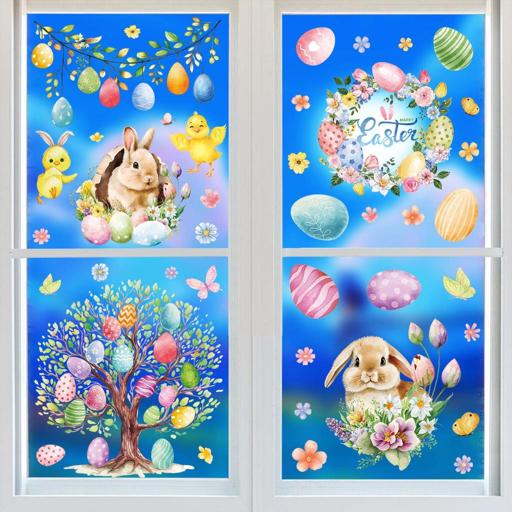 9pcs New Easter Window Stickers Double Sided Printed Pvc Electrostatic Home Decor Glass Decals Reusble Easter Party Decorations