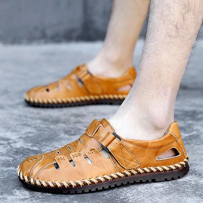 Chaussures pour hommes grande taille sans lacets Sandales d'été Bout fermé Respirantes Cuir véritable Chaussures pour hommes Décontractées Trous creux Conduite