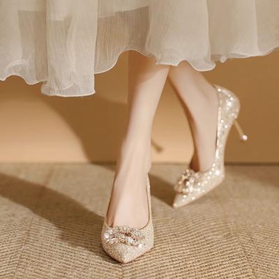 Fashion Women Shoes High Heels Spring Women Pumps Sequins Pointed Toe Sexy Ladies Wedding Party Bow Tie Stiletto Heels Shoes for Women