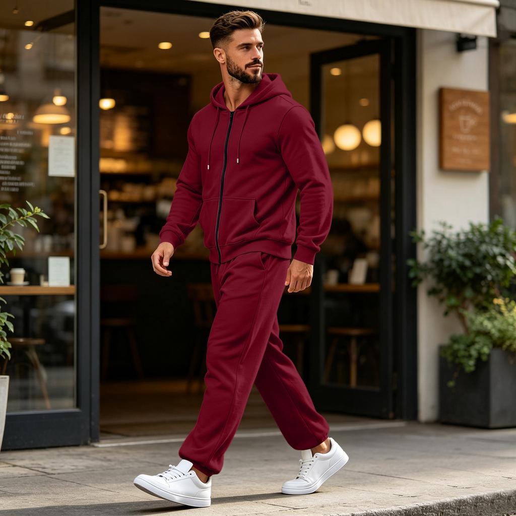 Men's Zip-Up Hoodie and Jogger Set with Multiple Pockets for Activewear