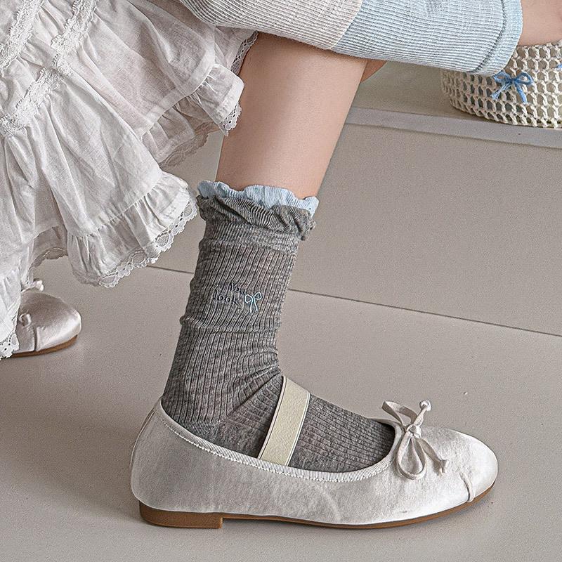 Double-Layer Lace Socks Children'S Dongdaemun Tide Socks Letter Bow Embroidered Medium Tube Stacking Socks Thin