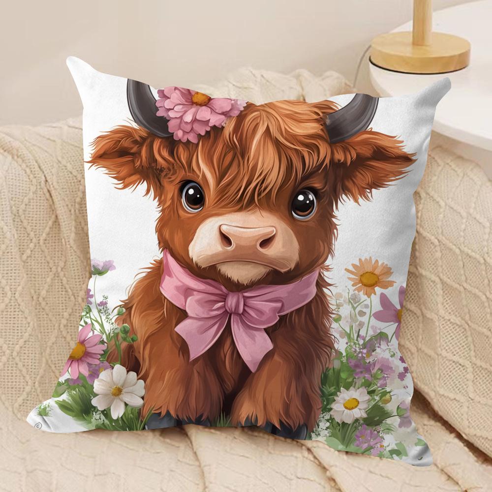 Capa de Almofada Vaca das Terras Altas e Flor Tecido de Pelúcia Macio Capas de Almofada Impressas em Ambos os Lados para Todas as Estações Decoração de Casa