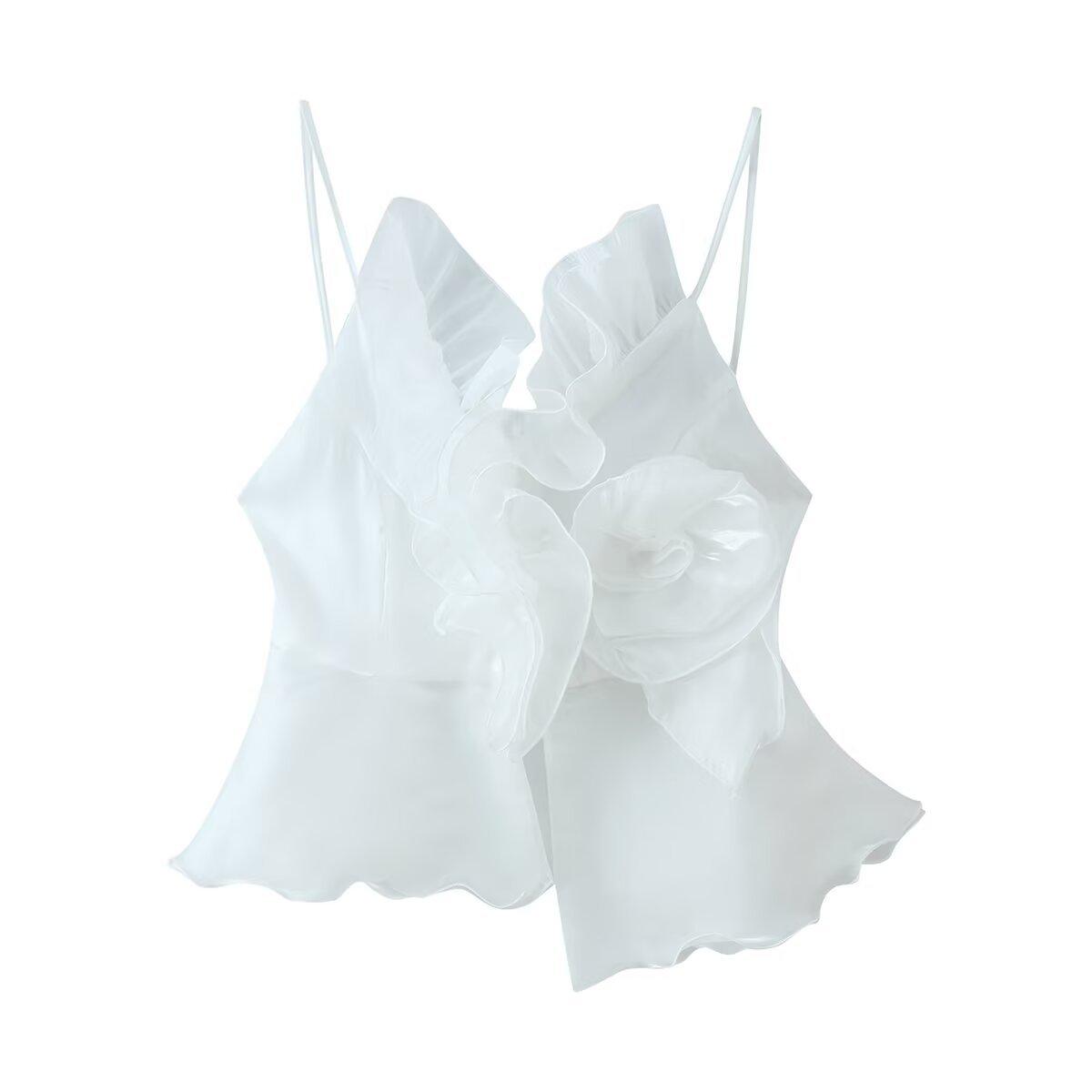European and American style, new women s clothing, glossy lotus leaf edge three-dimensional flower decoration women s suspender top S белый