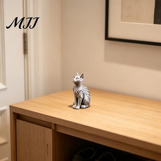 Bay Window Cat Statue 3D Printed with Wavy Fur, Modern Sitting Figurine for Showcase Decor Bookshelf Decor, Minimalist Art Sculpture Home Office, Gift