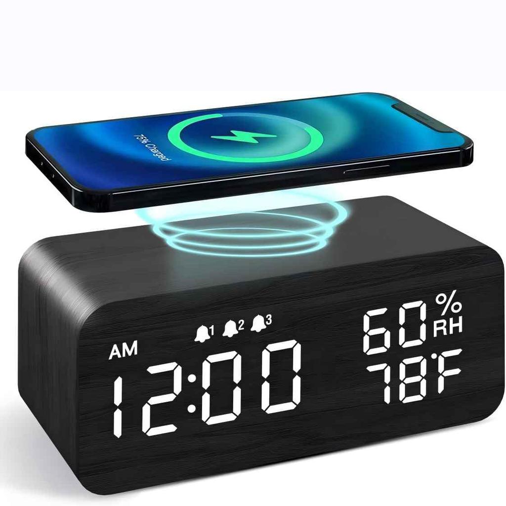 Smart Wooden Alarm Clock with Humidity Wireless Charging Student-specific Digital LED Creative Wooden Clock