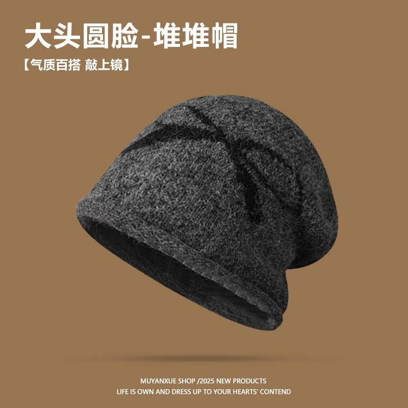 Bow black stack hat women's autumn and winter warm knitted pullover cold hat retro big head circumference showing face small bag head hat