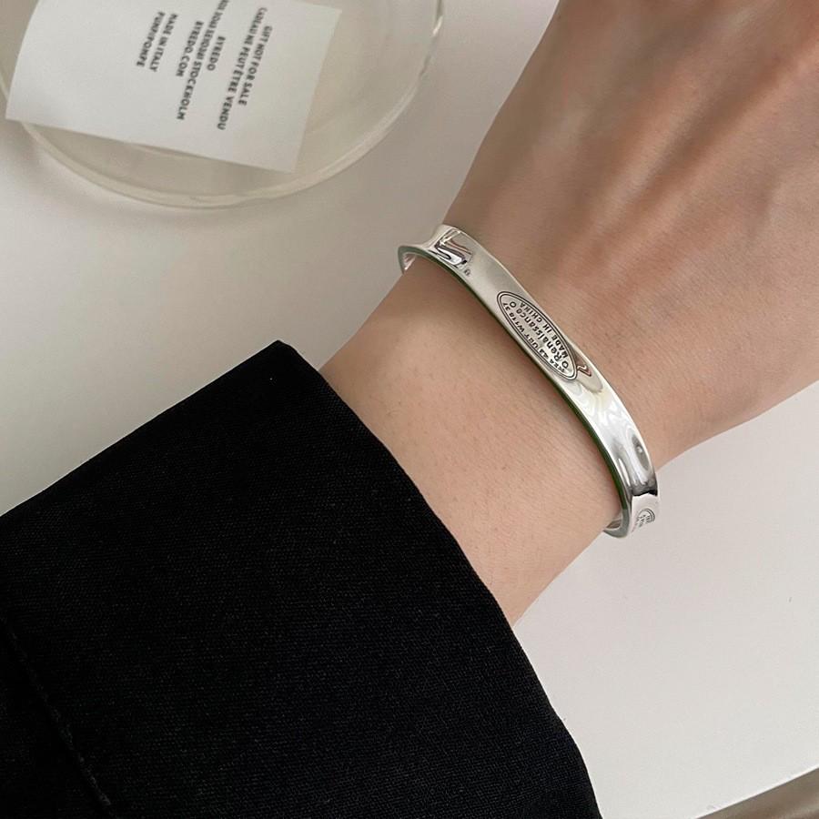 Korean Style S925 Sterling Silver Geometric Cutout Bracelet: Women's Retro Hong Kong Style Bangle