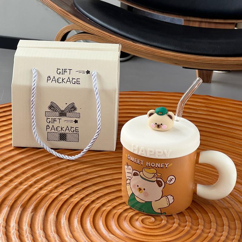 Cute Ceramic Cup With Lid Household Cartoon Couple Water Cup Gift Box High Value Souvenir Creative