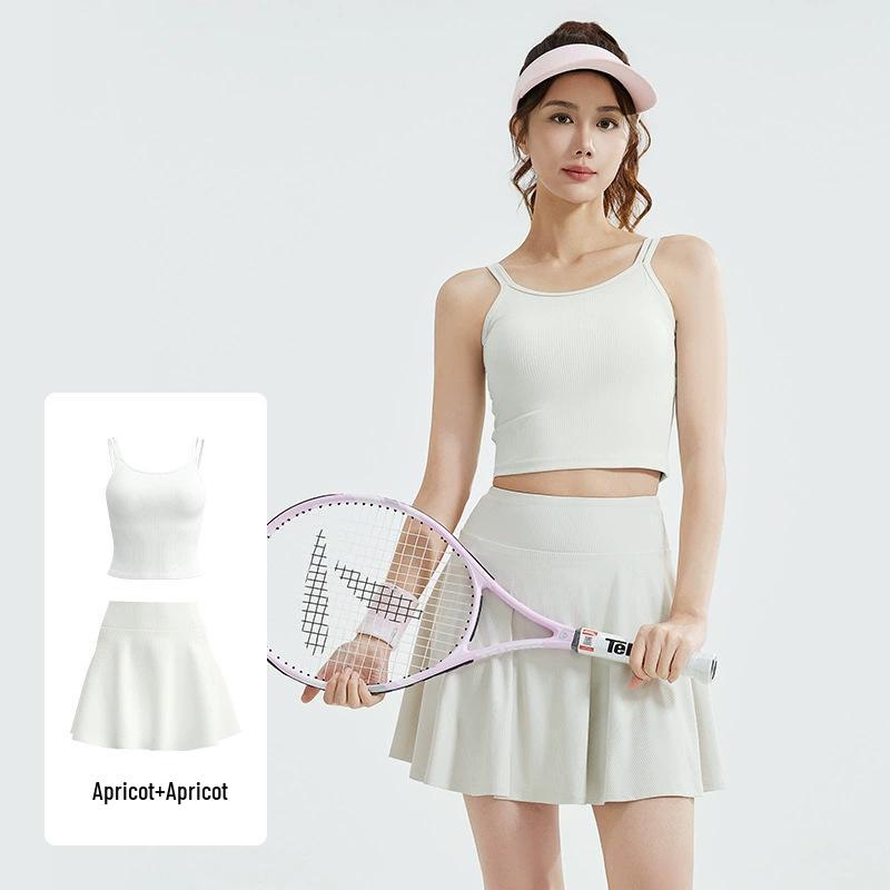 

Женский летний комплект для бега и йоги: Комплект из двух частей с высокой талией, жилет и юбка с защитой от просвечивания L бежевый