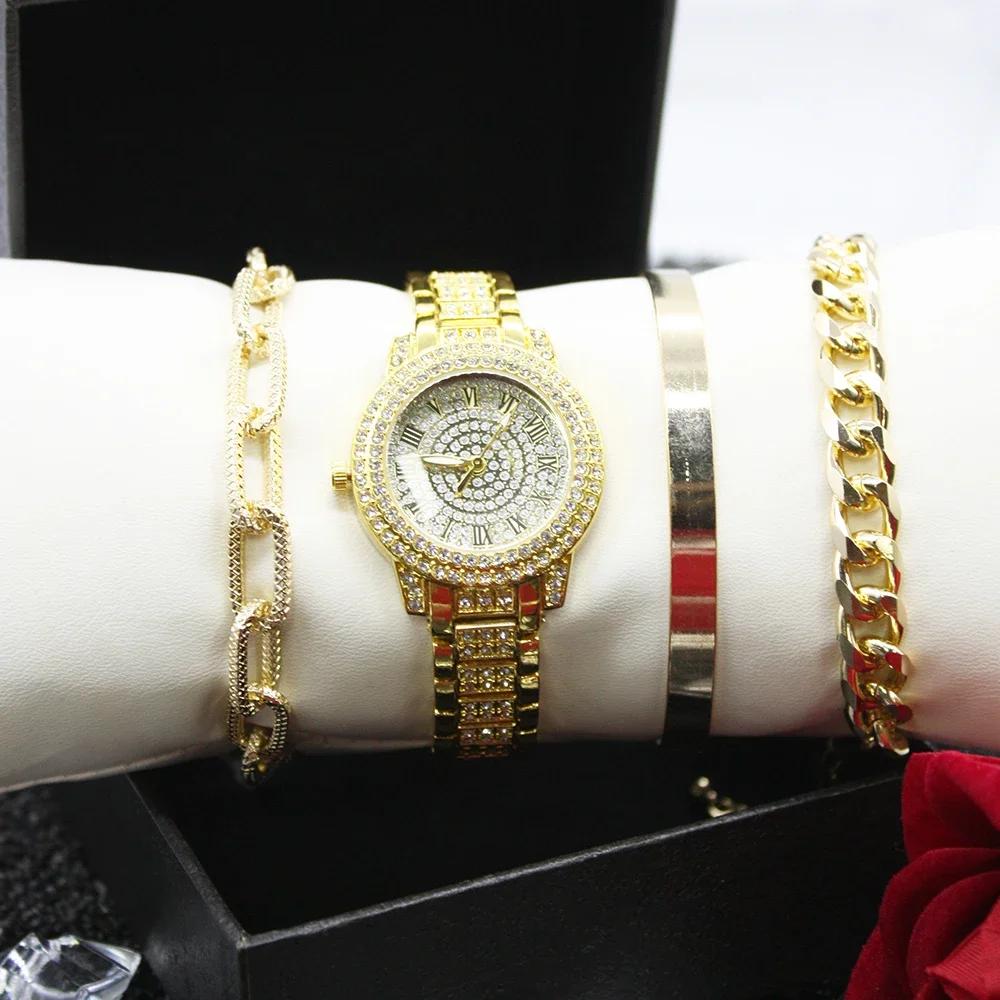 5-teiliges Set Hip Hop Diamant Uhr Armband Damen Damenuhren Luxus Damen Uhr Modeuhr für Damen Inklusive Armbandbox