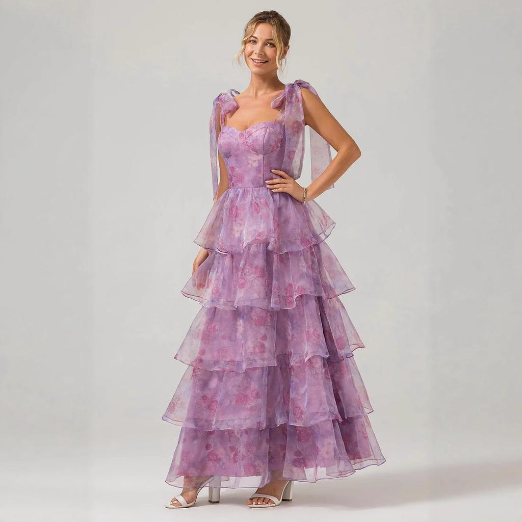 Spring and summer European and American new sleeveless fashion floral suspender off-the-shoulder lace-up swing dress organza dress