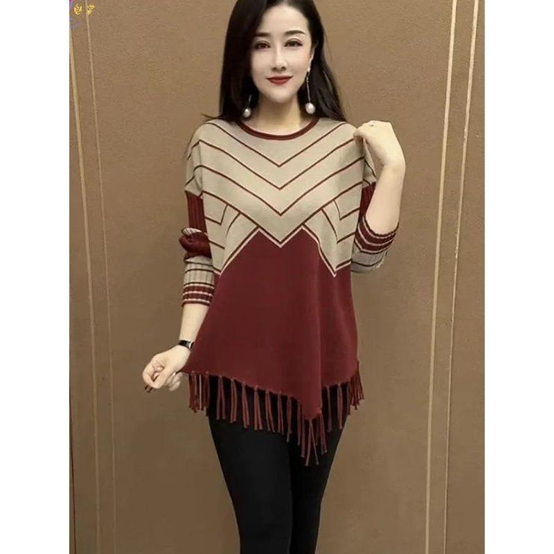 Autumn and Winter New Tassel Splicing Mom Fashionable Mid-length Top Bottoming Loose Sweater
