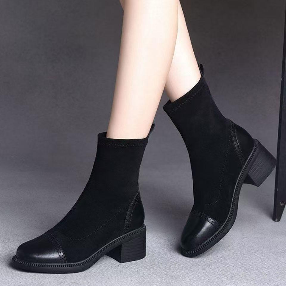 Winter new versatile velvet warm elastic boots women's retro non-slip thick heel fashion thin boots