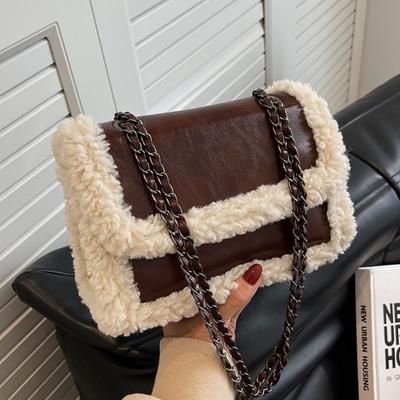 Lamb Wool Splice Retro Chain Crossbody Bag Patent Leather Glossy High-End Texture Shoulder Bag Women New Portable Handbag