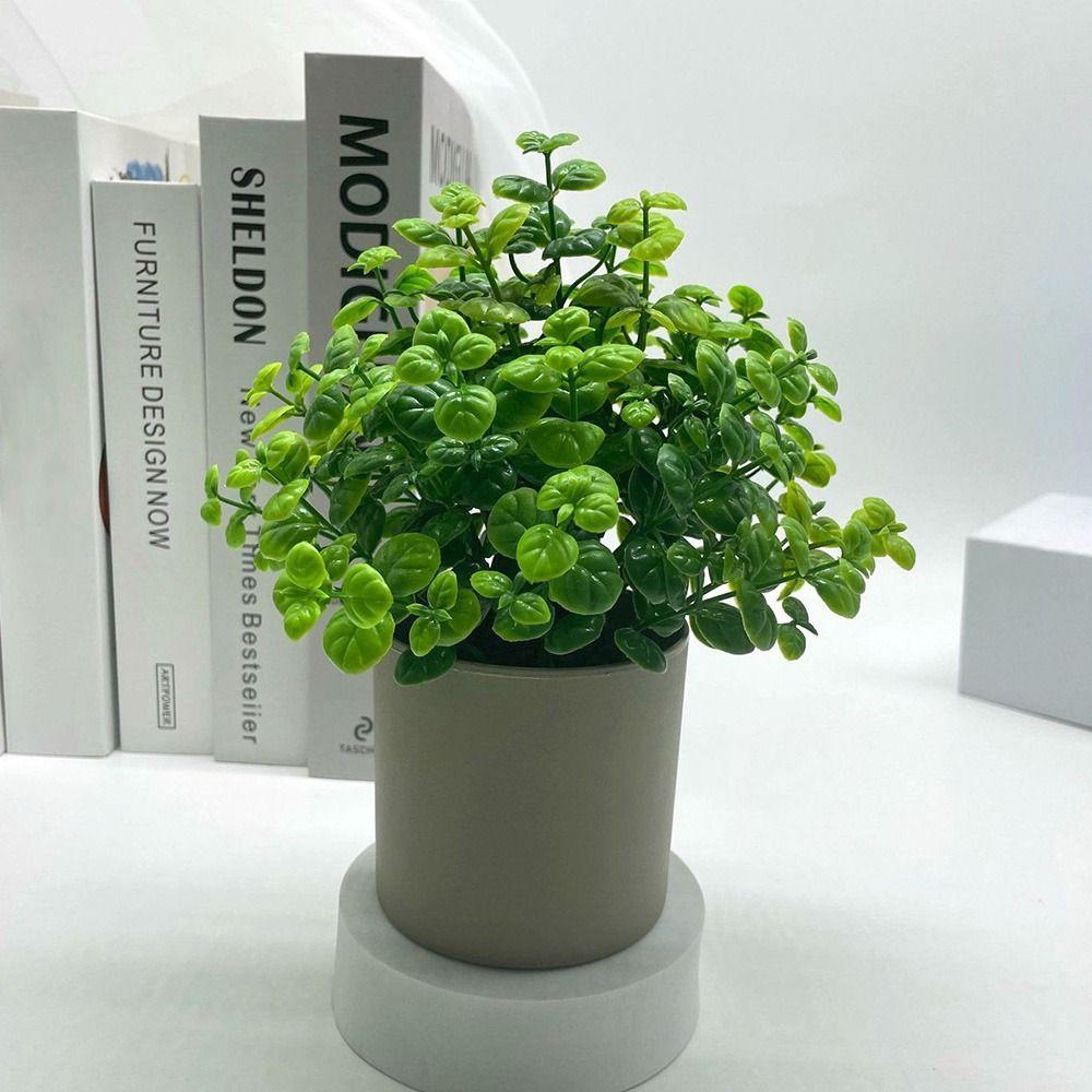 Green Artificial Plant Bonsai Grass Leaves Grey Flowerpot Simulation Plant Flowerpotted Craft Photo Props Faux Potted Decoration
