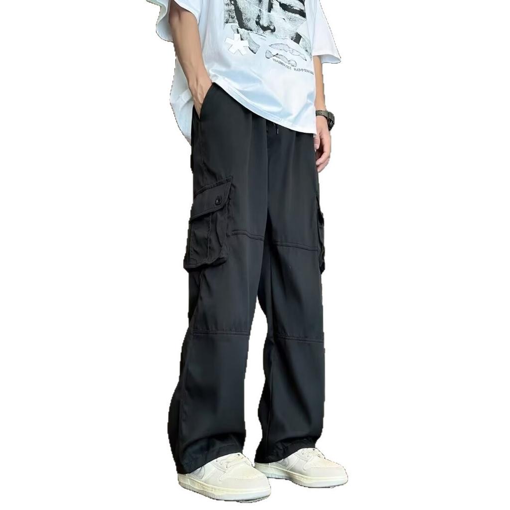 Multi-pocket Overalls Men's Summer Hong Kong Style Ins Loose Straight Trousers Trendy Elastic Waist Casual Pants