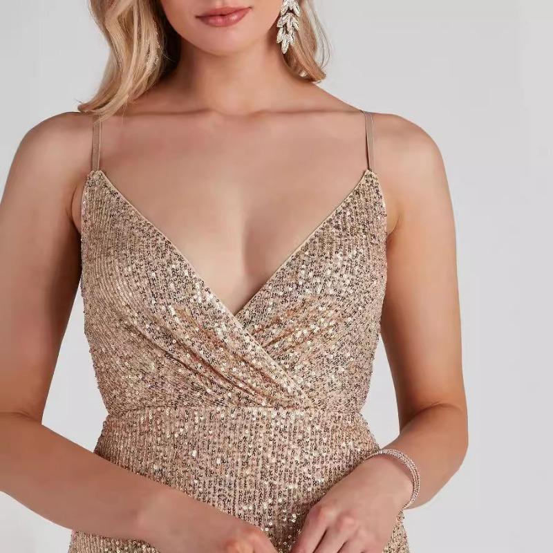 Women Sexy Sequined Deep V Neck Sleeveless Wrap Bodycon Mini Party Dress