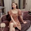 Large size fashion dress women's summer new retro square collar belly covering and thin bubble short sleeve floral dress