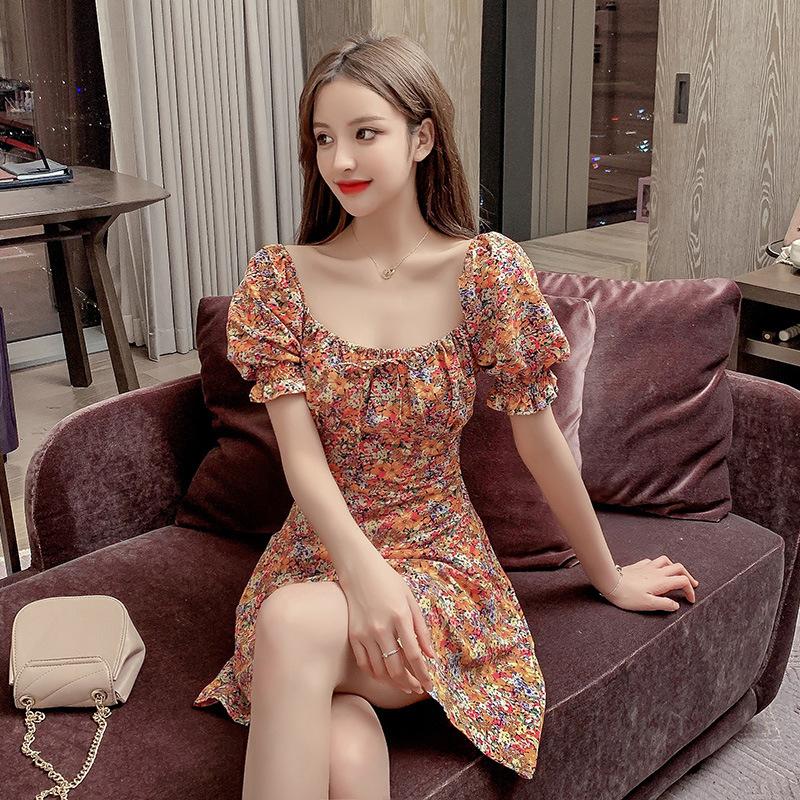 Large size fashion dress women's summer new retro square collar belly covering and thin bubble short sleeve floral dress