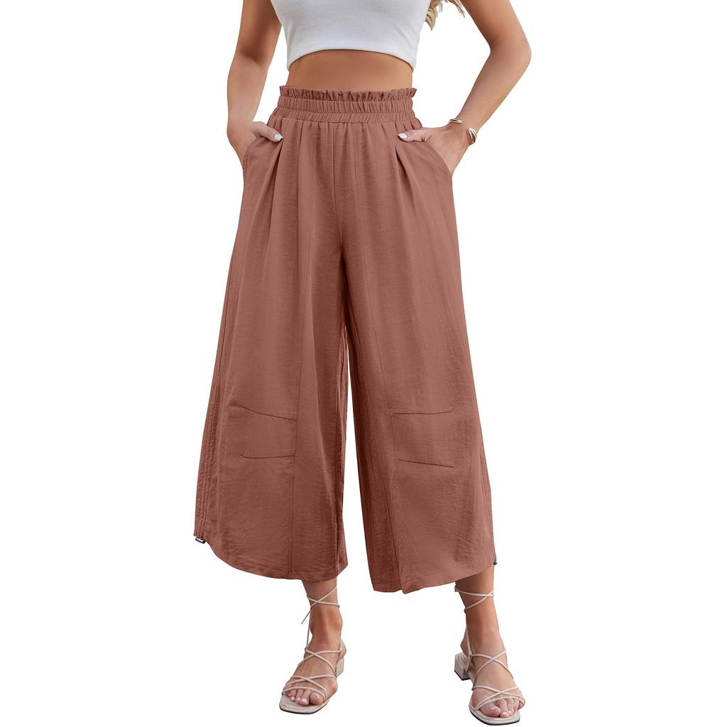 Women Elastic High Waist Pant Casual Fit Wide Leg Long Pants Trousers With Pockets
