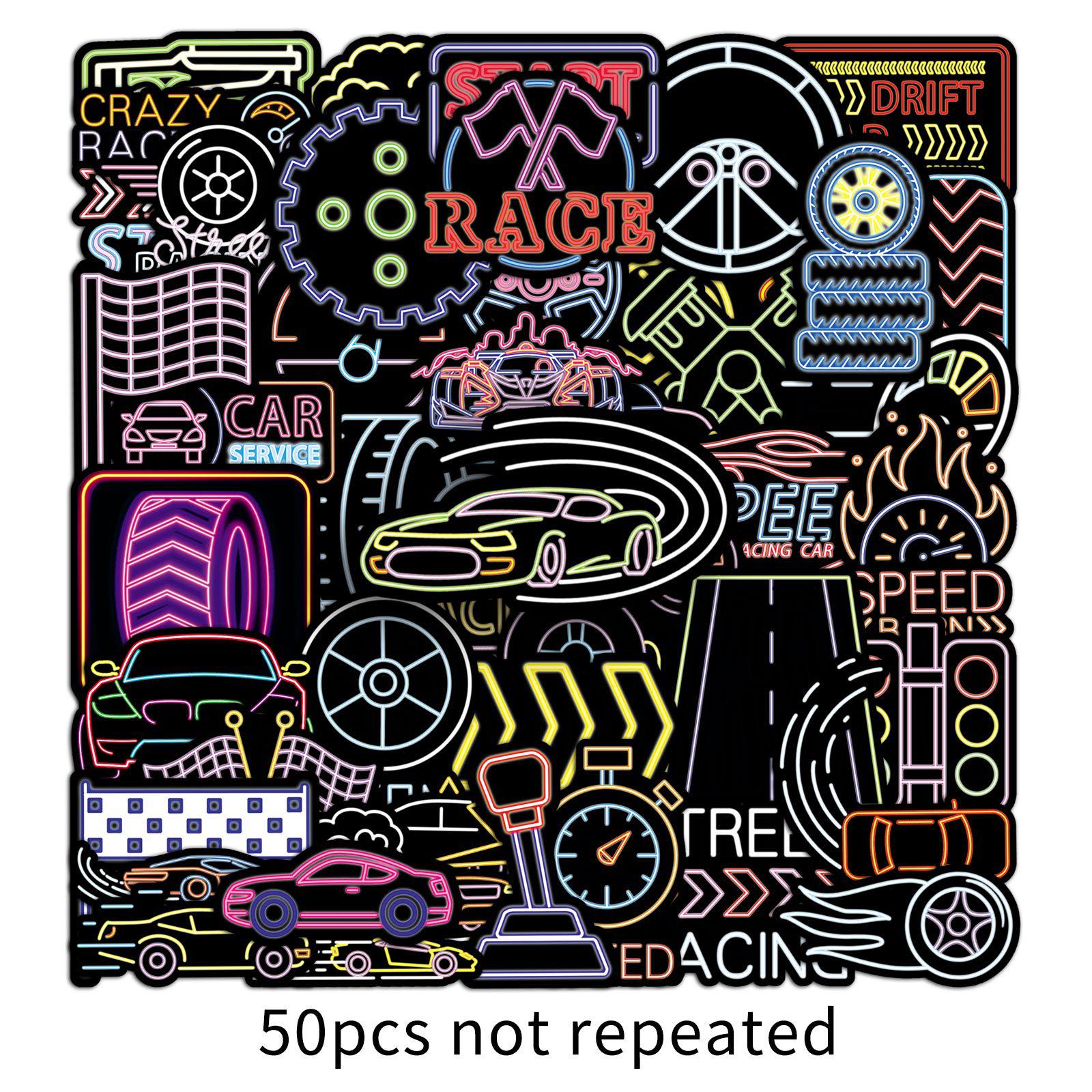 50 Neon Racing Car Graffiti Stickers – Trendy Cartoon Decorations for Planners & Thermos Cups