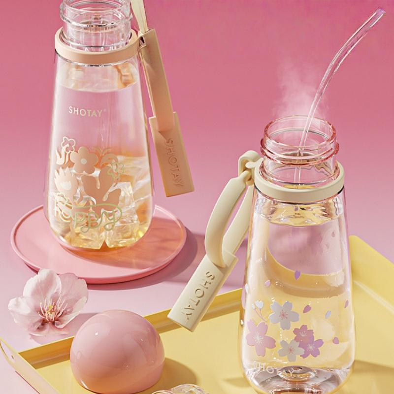 SHOTAY  400/600ml Plastic Water Cup Flower Pattern Water Bottle with Tea Strainer Leak-proof Brew Tea Cup Portable Office Cup