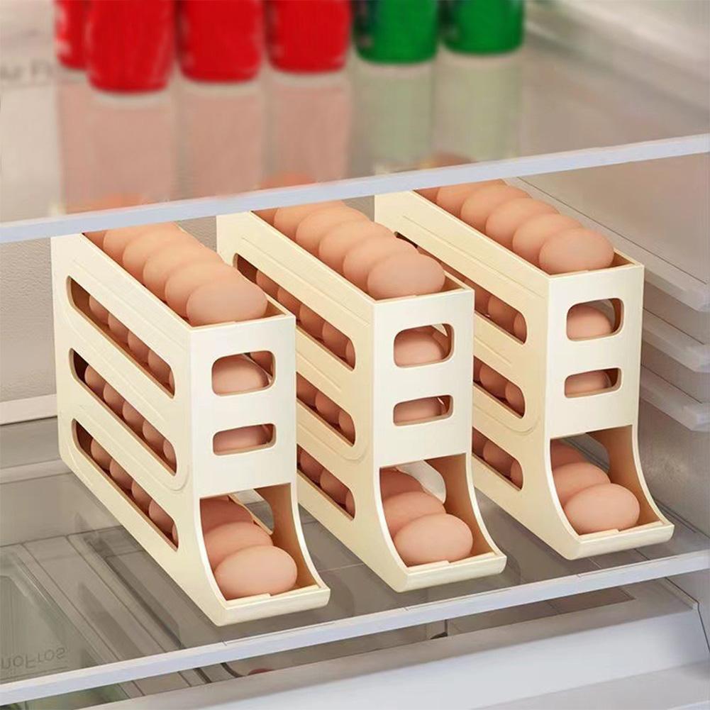 Automatic Rolling Egg Tray Organizer Space Saving Fridge Egg Rack Fridge Egg Storage Container for Refrigerator Kitchen Cabinets
