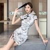 Women's Retro Chinese Style Cheongsam Print Button-Up Dress, Summer Slit, Sexy Waist-Cinched Short Dress