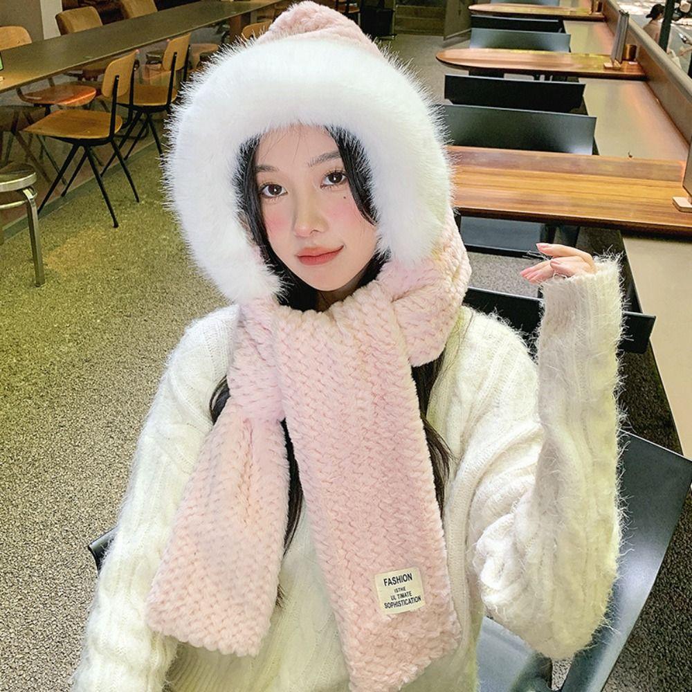 

Autumn Winter Thickened Warm Women Hat Soft Ear Scarf One Piece Hooded Warm Ear Hats Windproof Knitted Scarf Hat Cycling Skiing рожевий