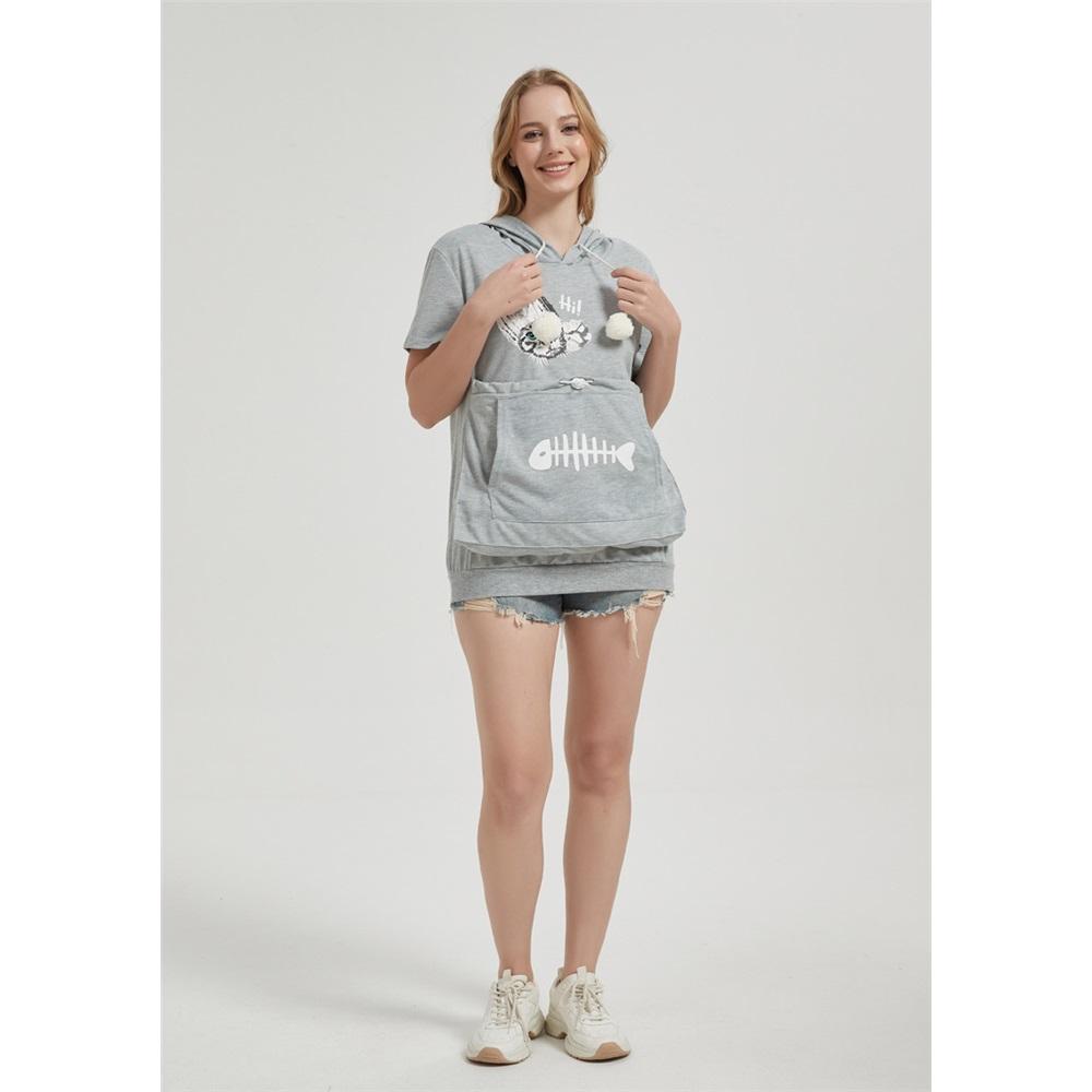 Women's summer short-sleeved large pocket cartoon printed casual drawstring hooded T-shirt