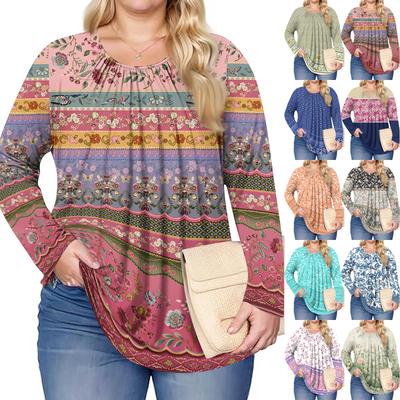 Moda para Mujer Talla Grande Estampado Casual Plisado Cuello Redondo Manga Larga