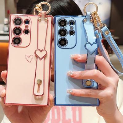 Love Heart Solid Color Soft Case For Samsung Galaxy S25 Ultra S24 FE S23 Plus S22 S21 Wristband Strap Stand Holder Shockproof Slim TPU Phone Cover