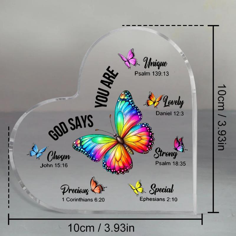 2D Flat Christian Gift Acrylic Heart Butterfly Desktop Decorative Plaque, Home Decor Plaque Hanging Wall Art Decorative Garden Decoration for Room Doo