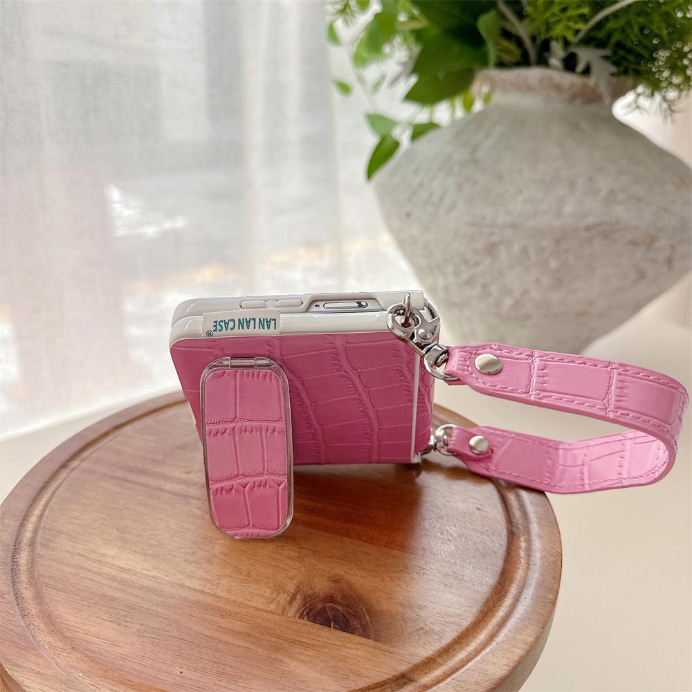 Pastel Crocodile Embossed PU Leather Mirror Bracket Phone Case for SamSung Galaxy Z Flip 8 7 6 5 Hand Wrist Strap Protect Cover