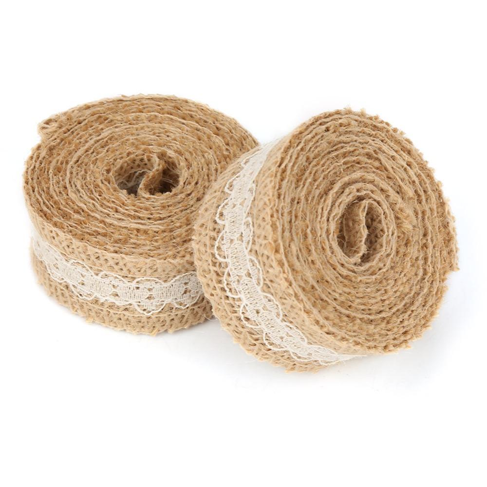 6 Stück 2M/Rolle Jutebahnen Gelbe Jute Rustikaler Stil Jute-Burlap-Band Dekoband Weiße Spitze Jute-Burlap-Spitzenband