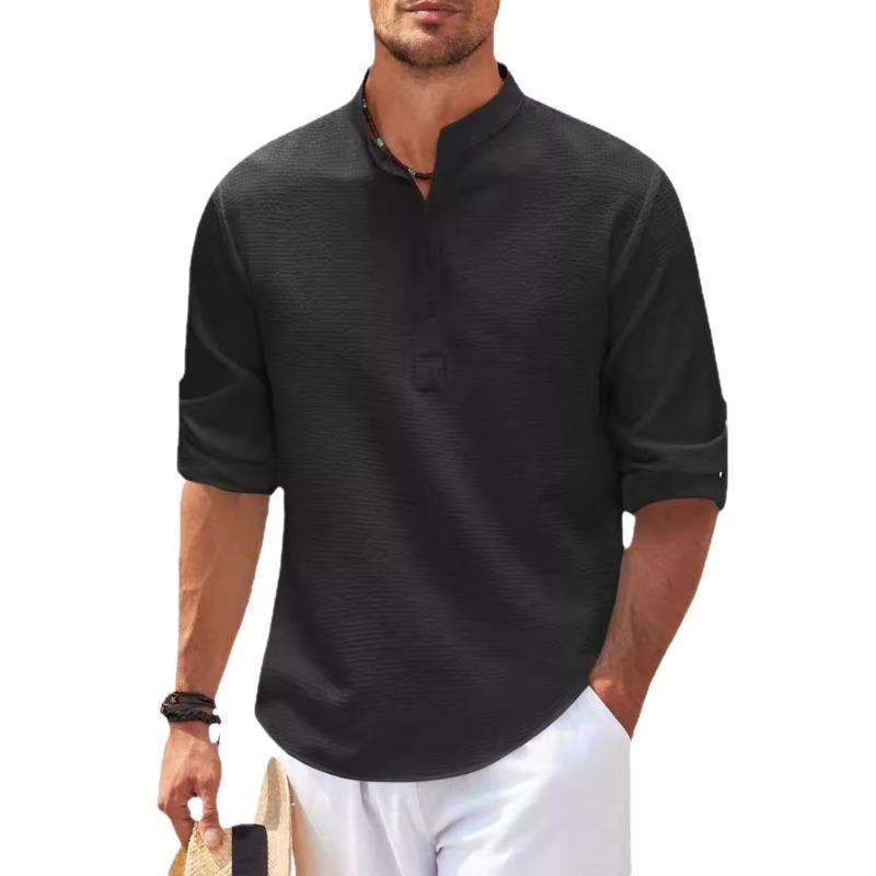 Men Light Blue White Striped Textured Henley Shirt Stand Collar Roll Up Sleeve Casual Top