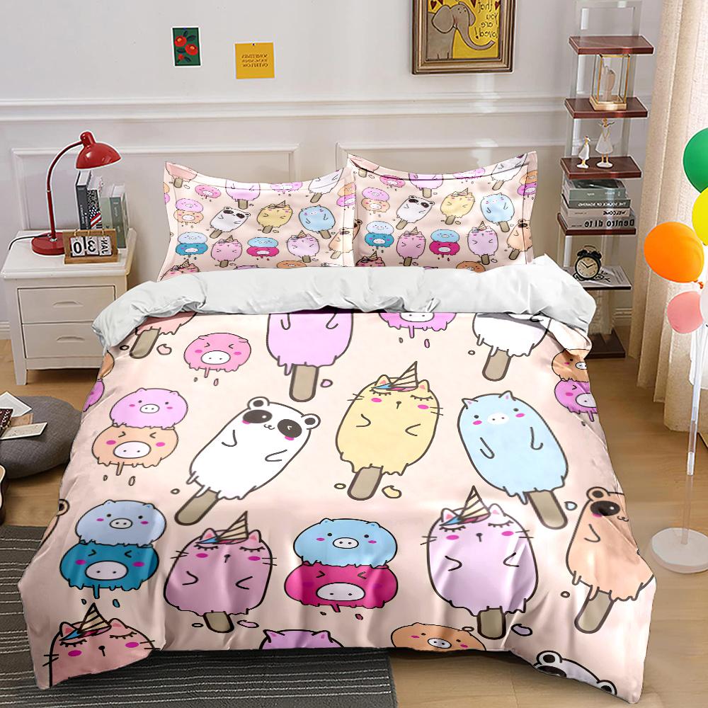 Ensemble de housse de couette motif crème glacée animal cartoon impression numérique colorée polyester literie avec fermeture éclair pour cadeaux d'enfants EU Twin 135X200cm&set