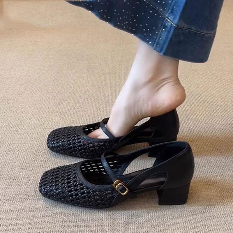 Super Soft Leather~ French Cool Single Shoes Women's Woven Hollow Hole Shoes Retro Shallow Mouth Side Hollow Breathable Mary Jane Shoes