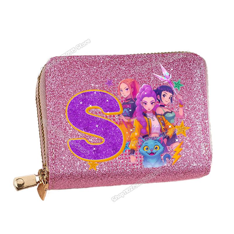 Korean Pop Demon Hunters Letter A-Z Women Short Wallet Bling Sequin Pu Leather Wallets Zipper Coin Purse ID Card Holder Girl Purse