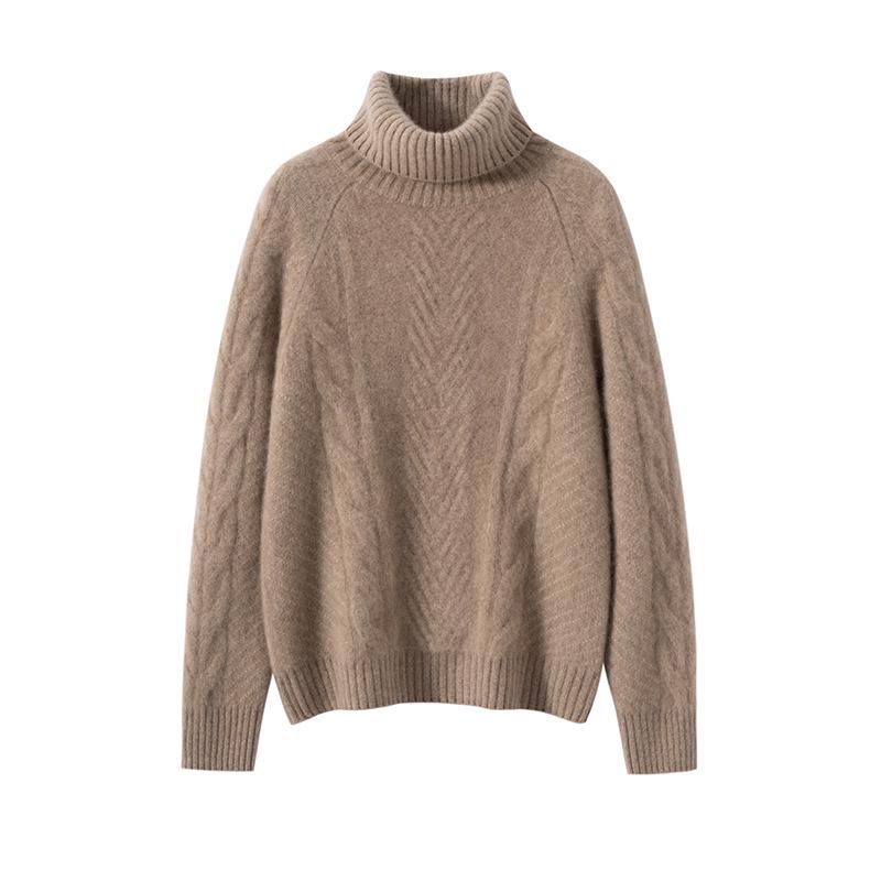 Elegant Women's High-Neck Cashmere Sweater: Double-Ply Thick, Large Cable Knit, Perfect for Autumn & Winter