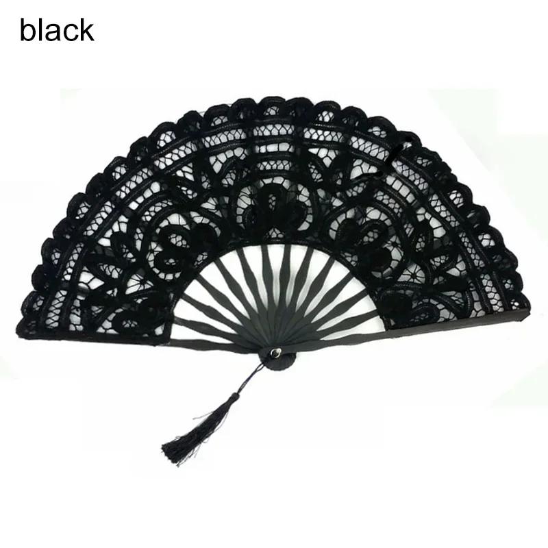 1Pc 27cm Portable Folding Fan Vintage Wood Lace Fan with Tassel Hollow Ribs Dance Performance Party Photo Props for Wedding