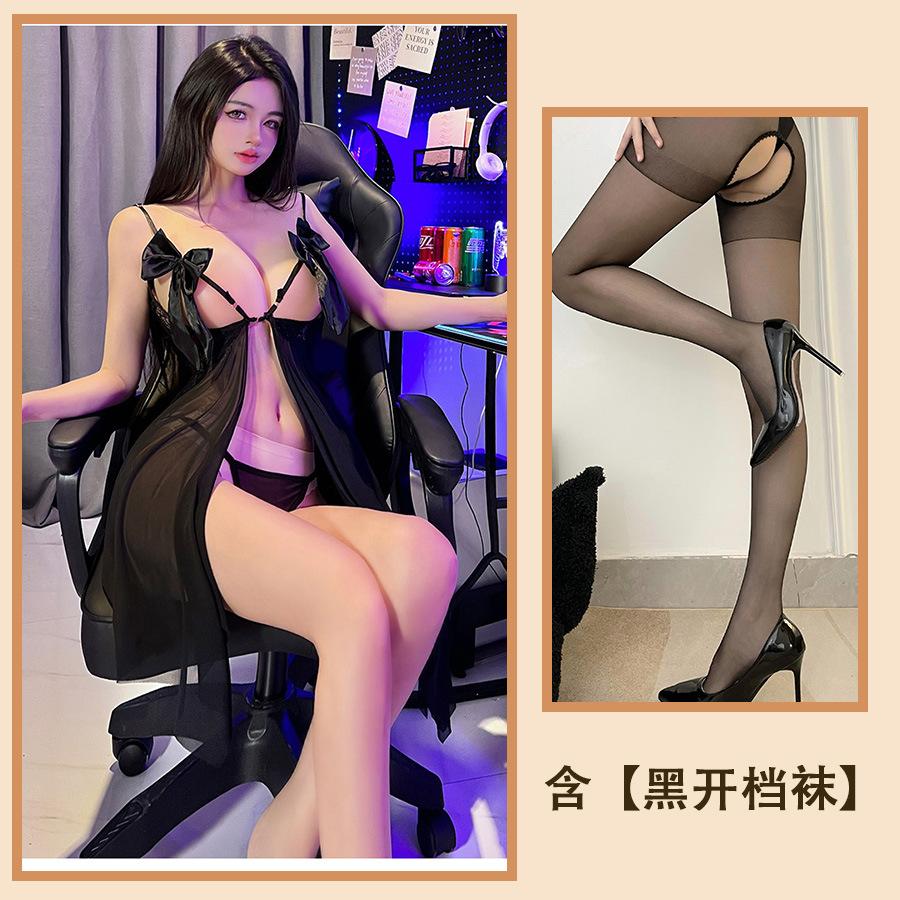 Sexy Underwear, Hot Suspenders, Sexy Hollowed-out Perspective Bow, Split-ended Backless, Passionate Mesh Nightdress Women