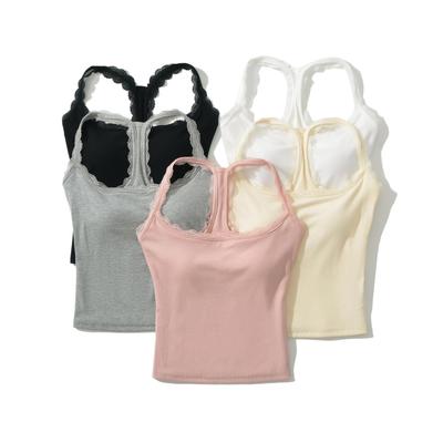 Damen Sommer 2024 Rückenfreies Figurbetontes Neckholder-Top mit BH-Polstern & Spitzenbesatz