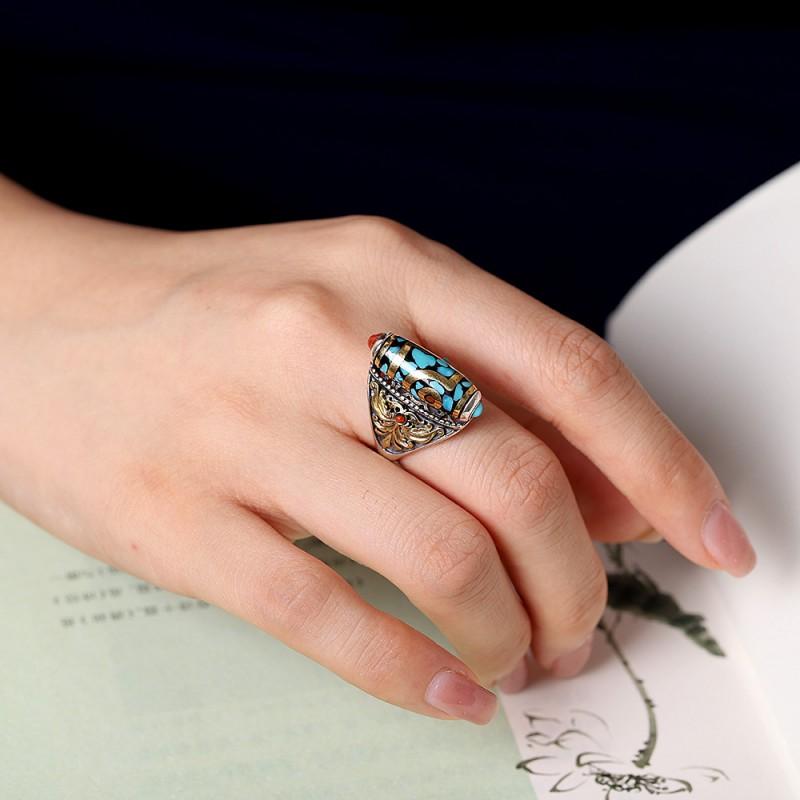 Adjustable Open Ring With Motif Vintage Tibetan Nepalese Style Handmade Copper Plated Unisex Finger
