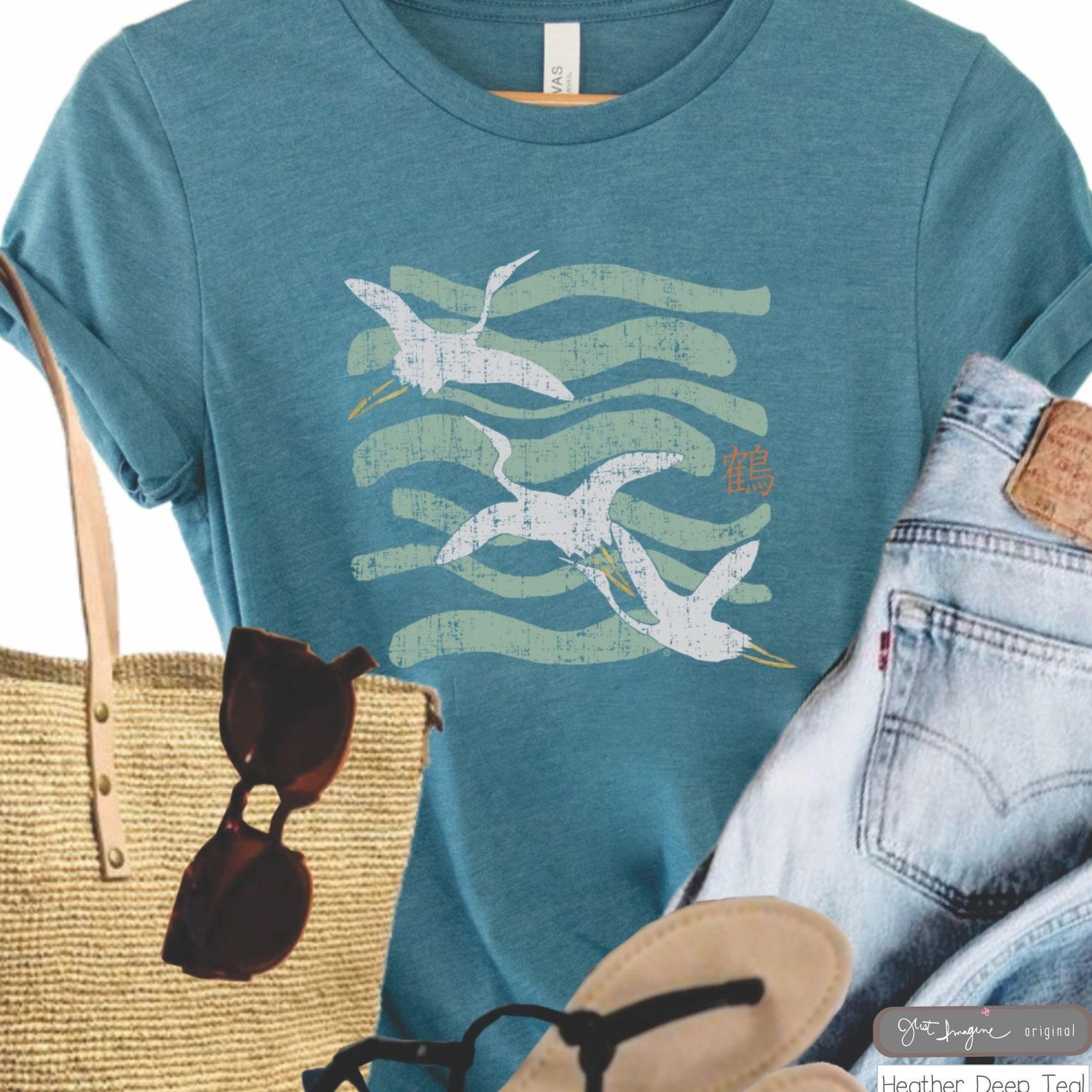 Good Fortune Crane Graphic Tee: Zen Bird Print Shirt XL