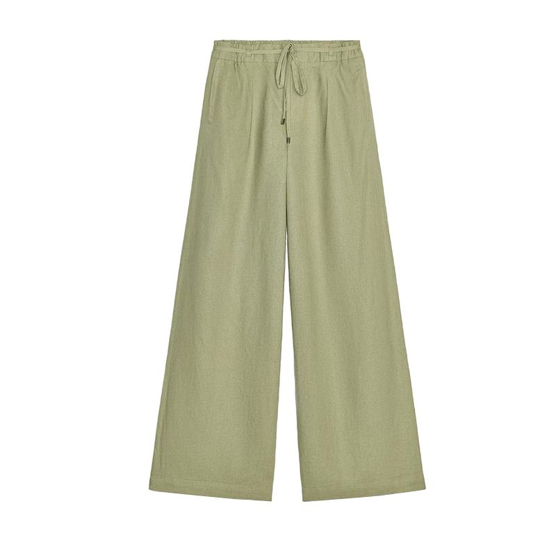 Summer New Product Women's Clothes Pleated Decorative Linen Blend Plaid High Waist Wide Leg Casual Trousers 4745024