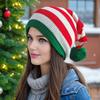Santa Hat Red White Green Striped Print Knitted Christmas Hat with Plush Ball Decor Holiday Accessory
