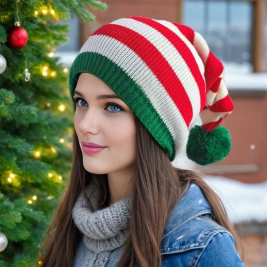 Santa Hat Red White Green Striped Print Knitted Christmas Hat with Plush Ball Decor Holiday Accessory