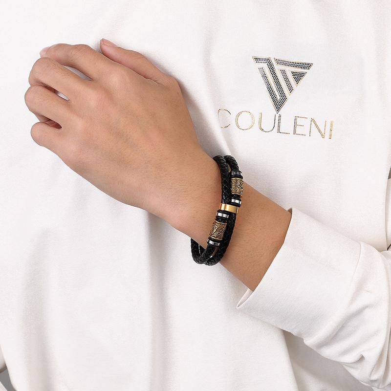 Viking Compass Runes Amulet Bracelet for Men Stainless Steel Genuine Leather Norse Mythology Jewelry