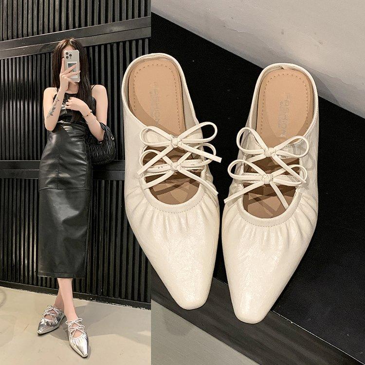 French High Sense 2025 New Mary Jane Shoes Pointed Head Bag Head Wear Flat Bow Flat Bottom Cool Slippers Women